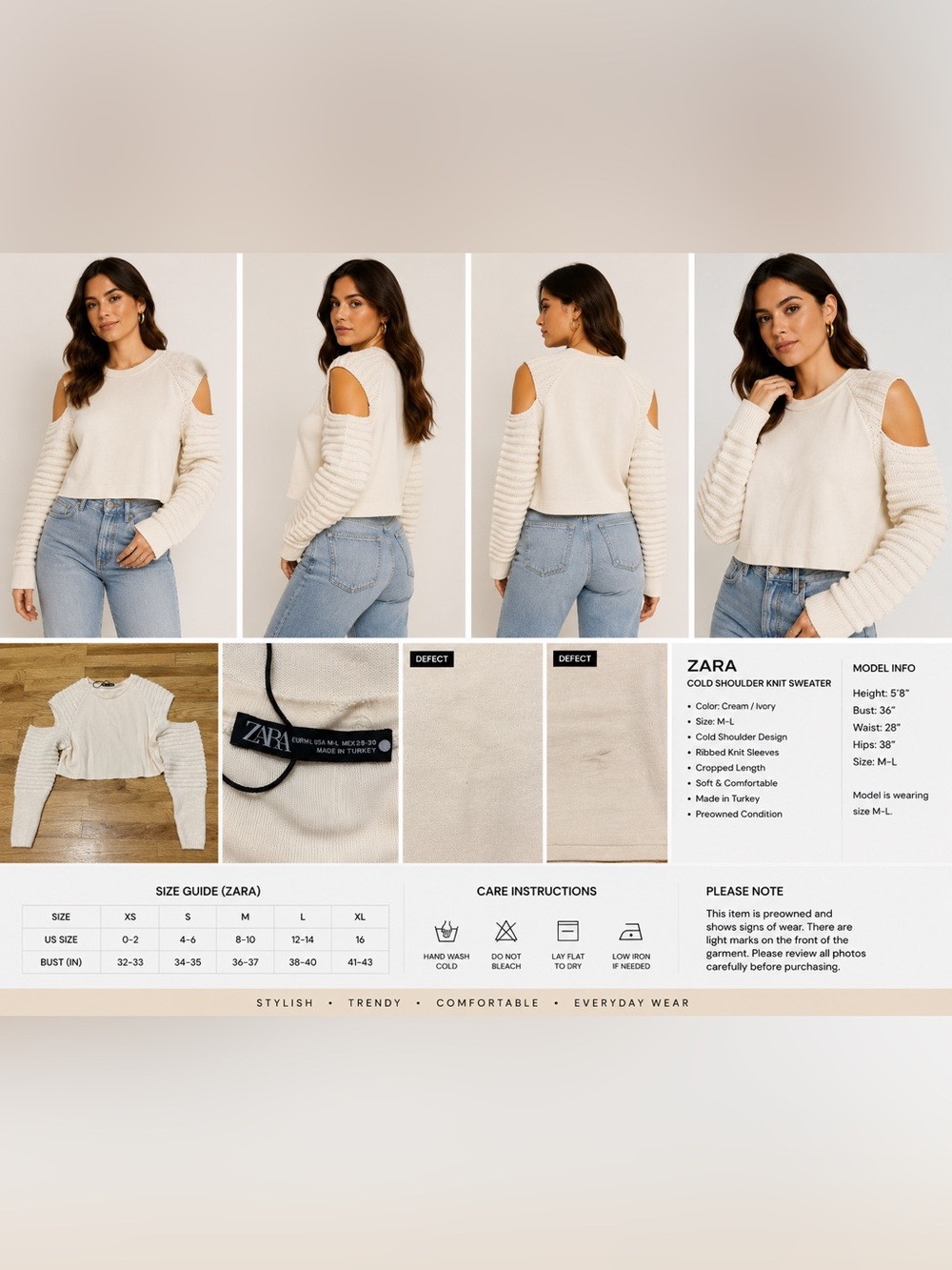 Zara Cream Cold Shoulder Knit Sweater Top Size M/L Ribbed Sleeve Cropped Ivory